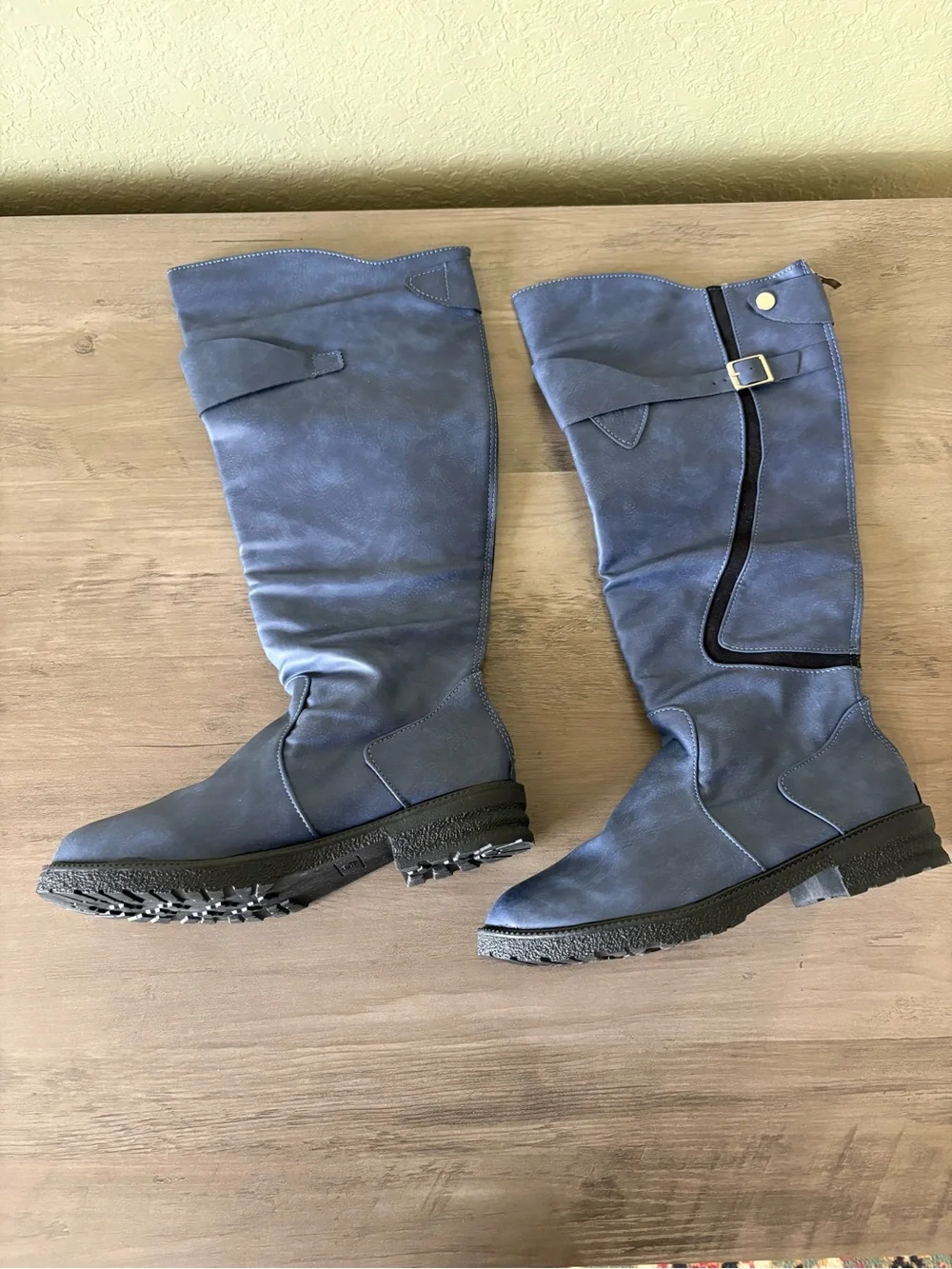 Women’s Blue Knee High Riding Boots Buckle Lug Sole